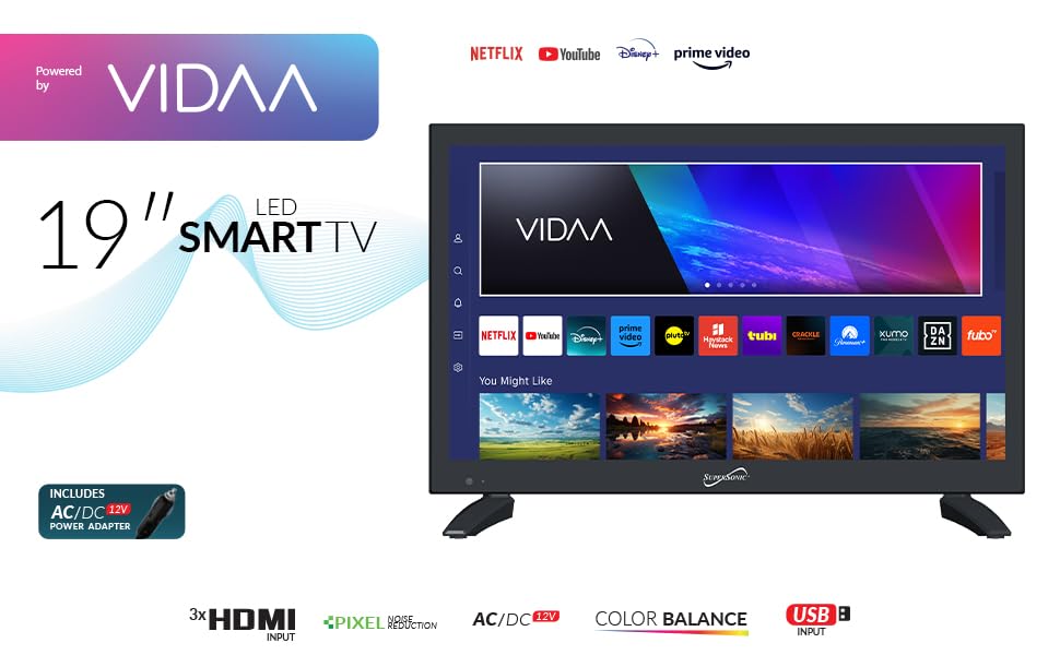Televisor LED Supersonic 18.5 Pulgadas VIDAA Negro Inteligente WiFi 1080p HDMI ARC USB Integrado