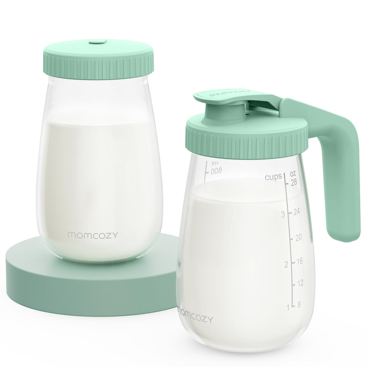 Momcozy Jarra de Vidrio para Leche Materna, Boca Ancha, Antiderrames, Resistente al Calor y al Frío, con Tapa Plana y Tapa con Asa, 2 Piezas de 32 oz (64 oz Totales)