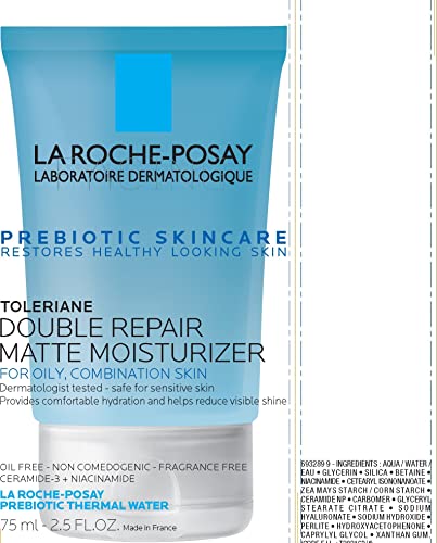 La Roche-Posay - Crema hidratante facial mate de doble reparación Toleriane, humectante en gel diario para controlar la piel grasa con niacinamida, sin aceite