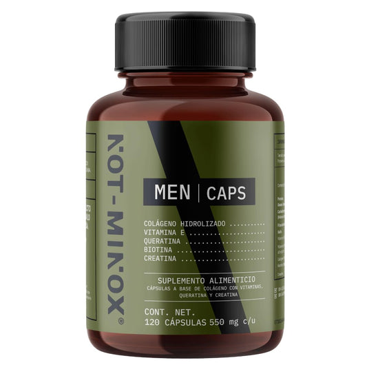 NOT-MINOX Men Caps para Crecimiento de Cabello, Barba y Bigote | Multivitamínico con Colágeno Hidrolizado, Biotina, Queratina y Vitamina E | 120 Cápsulas para 120 Días | Vitaminas para el Cabello