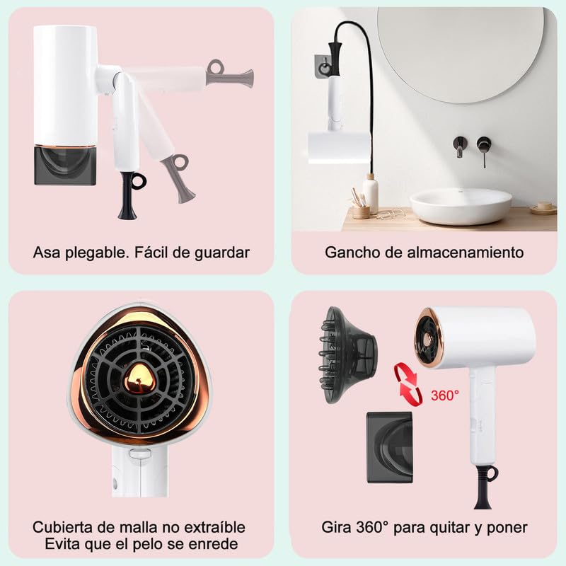 Secador de Pelo de Iónico Negativo Profesional, 1800W con 3 Temperatura Ajustable (Frío y Caliente), Secador de Soplado Plegable con Soplado y 1 Difusor para Hogar, Salón de Belleza, Viajes - Blanco