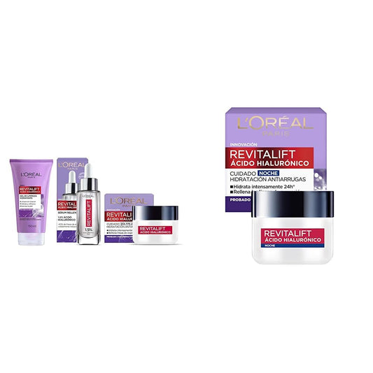 L'Oréal Paris Kit con Serum Facial, Crema de Día y Gel de Limpieza, Revitalift Ácido Hialurónico + Crema hidratante anti-líneas de expresion Revitalift Ácido Hialurónico Noche de L'Oréal Paris, 50 ml