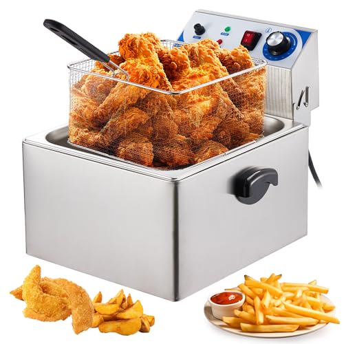 Freidora eléctrica de 11 L, freidora de acero inoxidable de 10 cuartos con cesta, freidora de encimera de un solo tanque con control de temperatura ajustable, perfecta para cocina y restaurante
