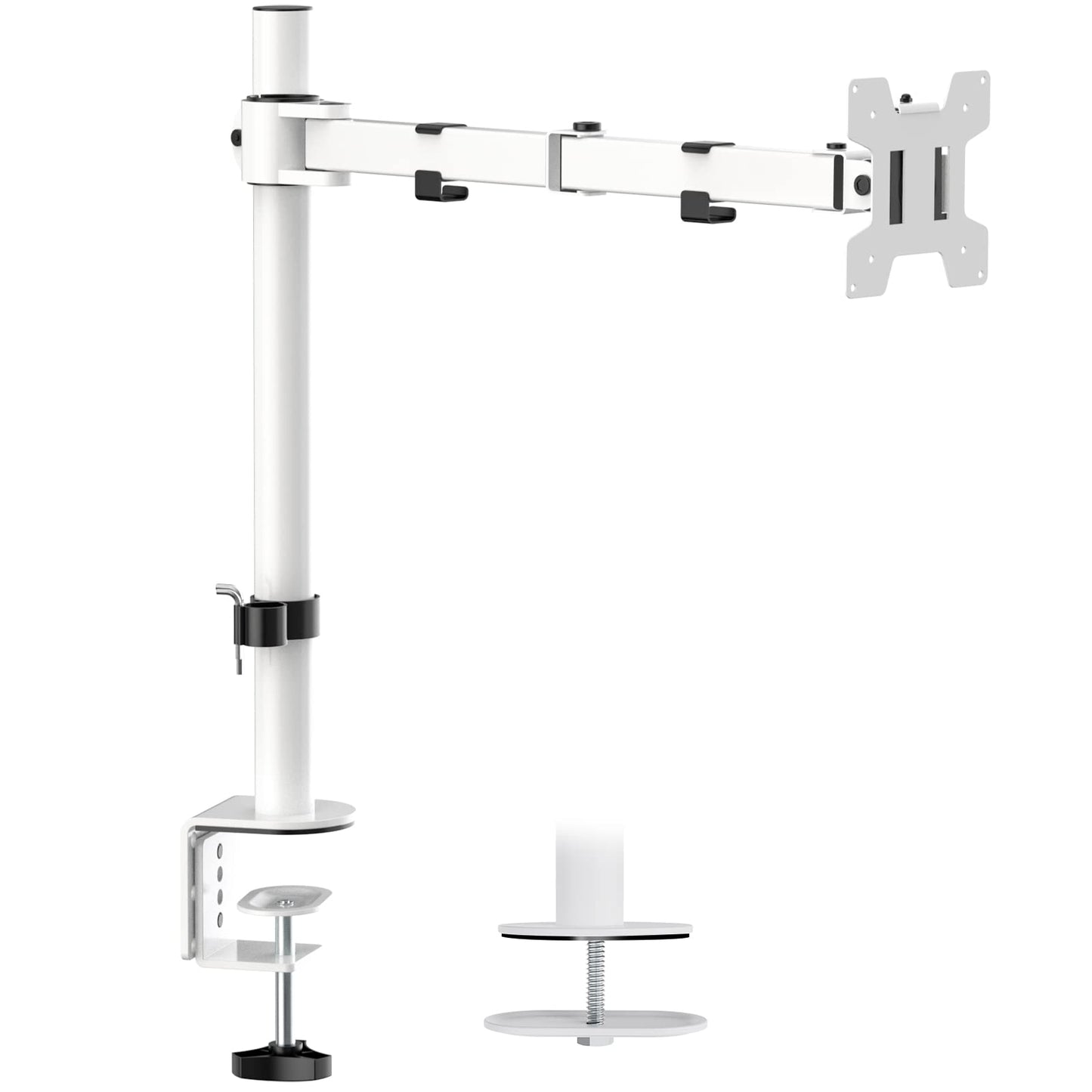 Soporte Ajustable para Monitor WALI Blanco, Brazo Individual para Monitor de hasta 27 Pulgadas y 10 kg, con Inclinación y Giro VESA 75 & 100mm