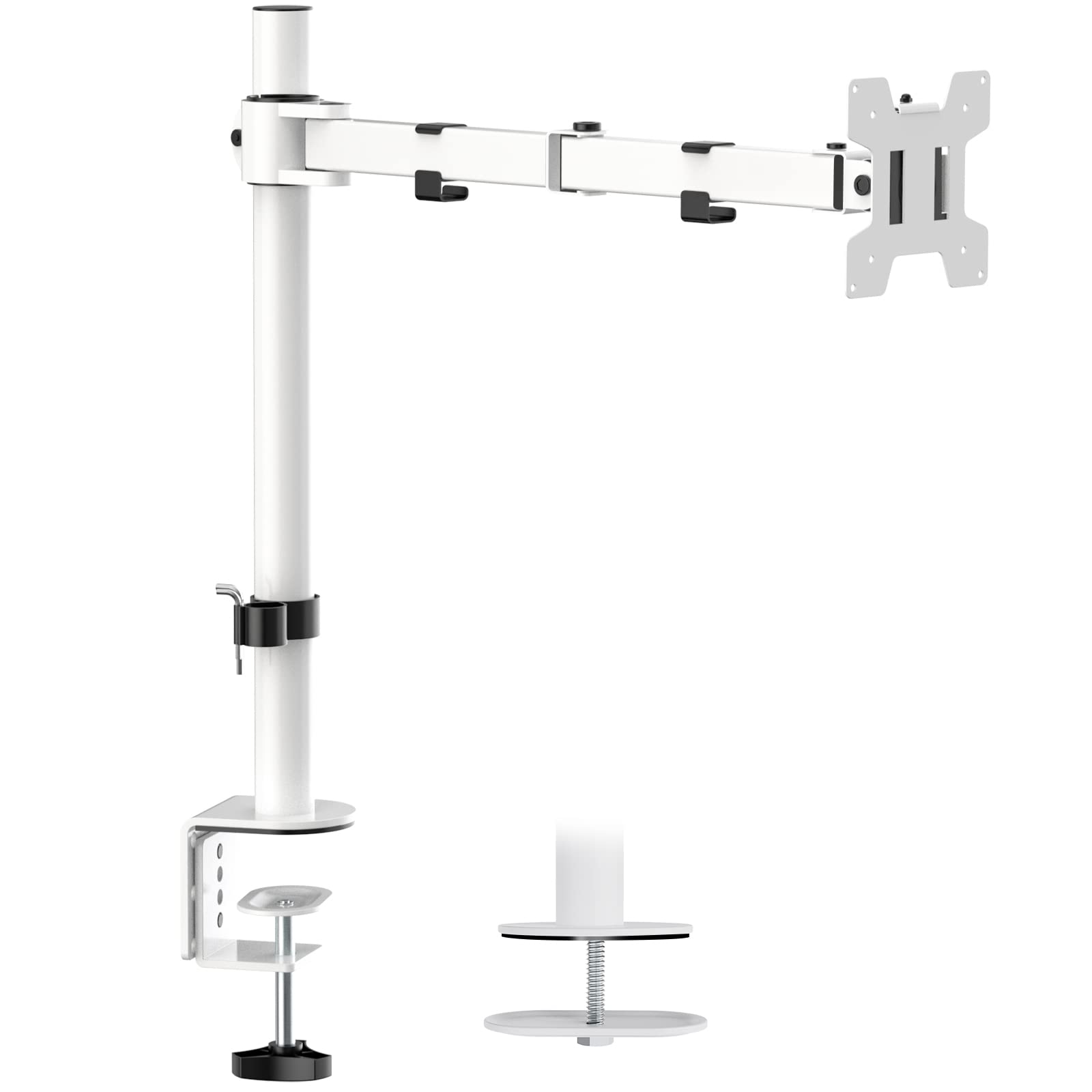 Soporte Ajustable para Monitor WALI Blanco, Brazo Individual para Monitor de hasta 27 Pulgadas y 10 kg, con Inclinación y Giro VESA 75 & 100mm