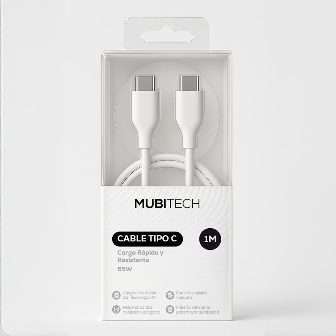 Cable Tipo C MUBITECH Blanco Negro Carga Rápida 65W PD 1 Metro para Dispositivos Tipo C