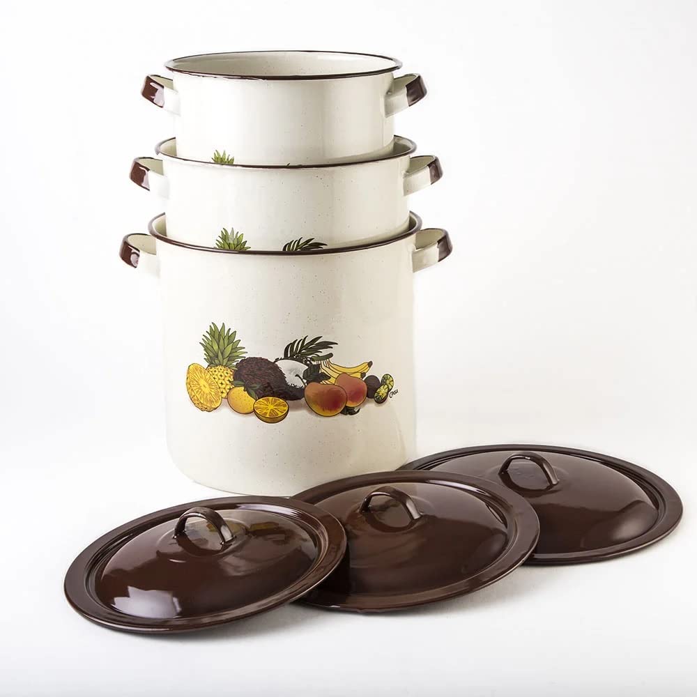 Cinsa Juego de ollas Ideal 6 piezas, Acero Vitrificado, Crema con decorado Frutas Tropicales