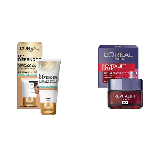 L'Oréal Paris Protector Solar Diario Anti-Brillo FPS50+ UV Defender Tono Medio, 40ml + Crema antiarrugas de día Revitalift L'Oréal Paris, 50 ml