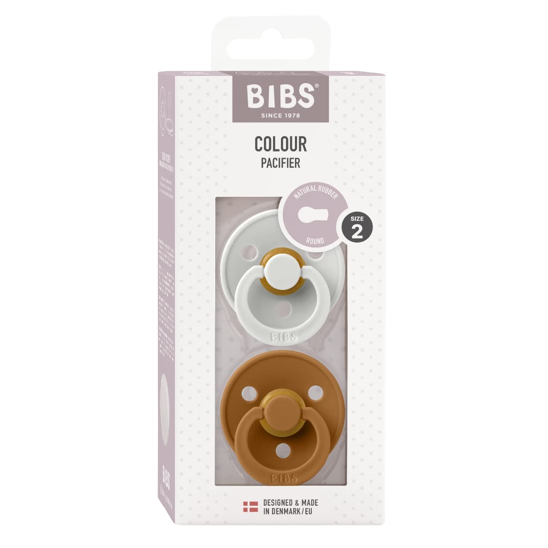 BIBS Colour Paquete de 2 chupetes. Libre de BPA, Tetina redonda. Látex natural, Talla 2 (6-18 meses),Haze/Caramel