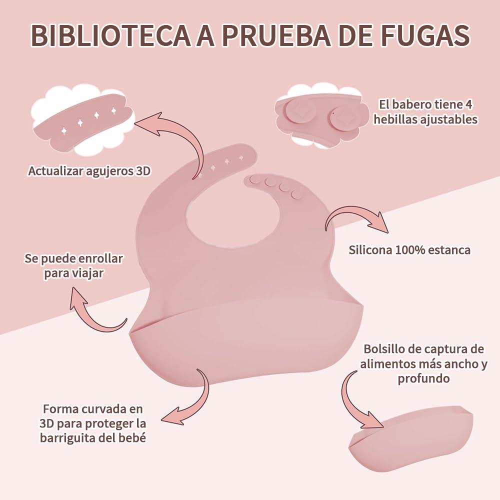FINYQBET Platos Para Bebés De Silicona Con Tazón Cuchara Tenedor Babe,Set de 8 Piezas para Bebés,Plato para Bebe con Ventosas, Ajustable,Rosa