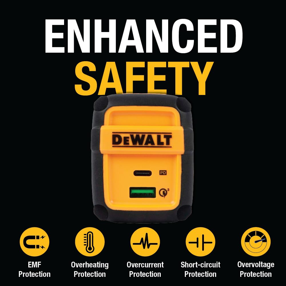 DEWALT 49.5W USB & USB C Charger (Cable Not Included), 2 Port Compact Foldable Fast Charger for iPhone 15/14, Galaxy, Pixel 4/3, iPad - Black & Yellow