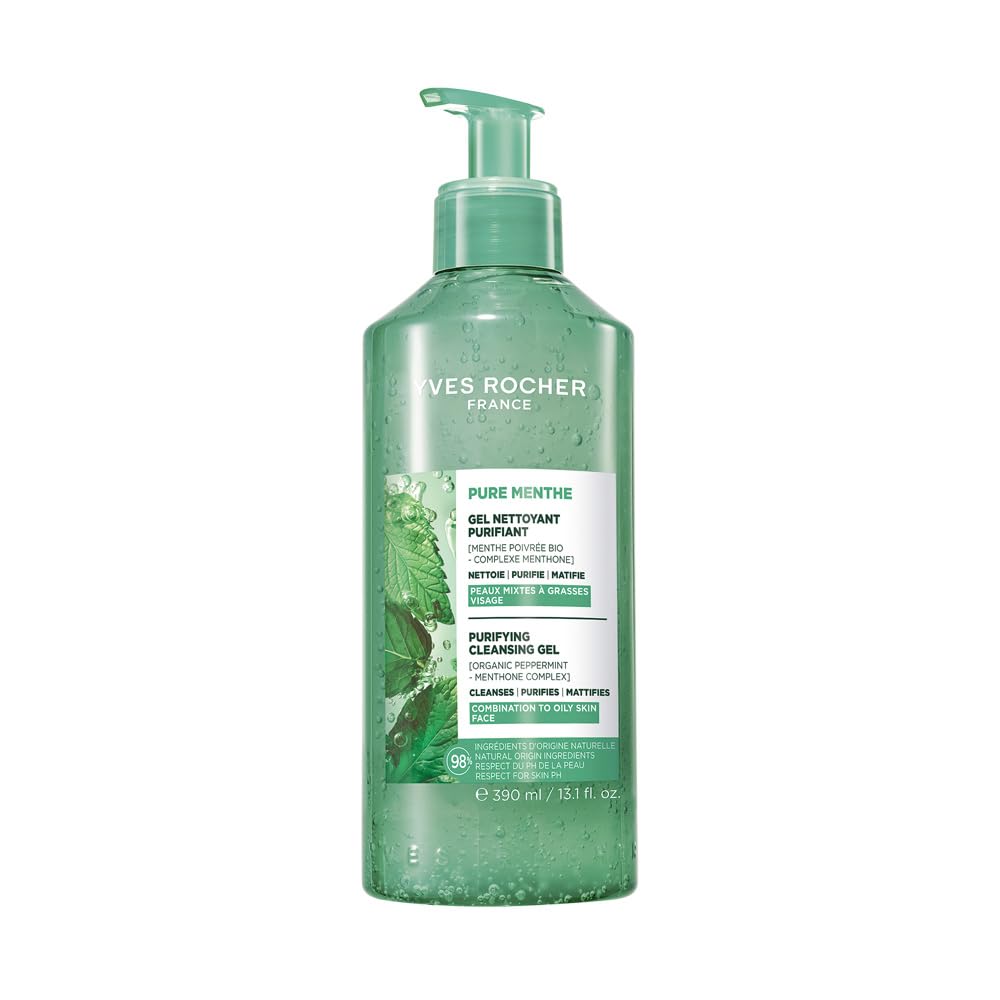 YVES ROCHER - Pure Menthe Limpiador Facial en Gel, Purifica y Matifica, Fórmula Vegana, Piel Grasa a Mixta, 390 ml