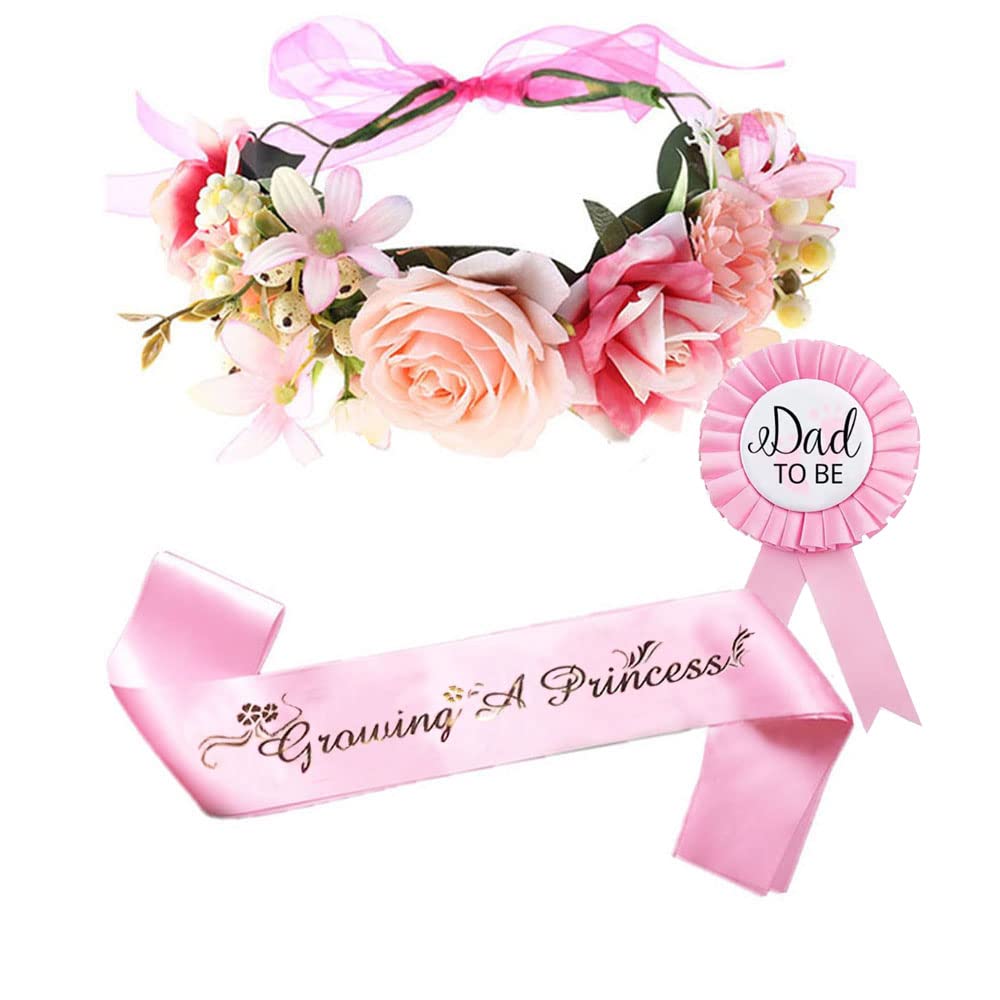 Decoración de baby shower para niñas, tiara de corona de flores ajustable y faja de princesa Growing A Growing A Princess, pin de papá, regalo de fiesta rosa para futuras mamás, papás y padres