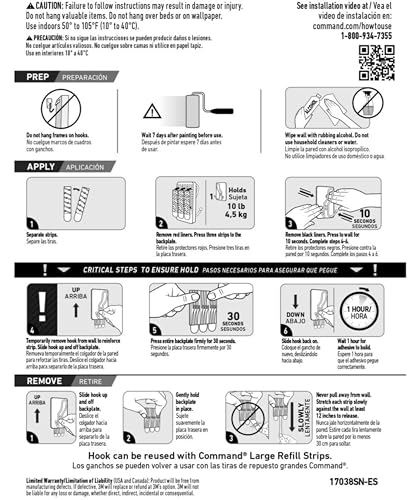 Command - Gancho Triple de níquel Satinado XL, 1 Gancho, 3 Tiras, Ganchos de Pared para Colgar sin daños con Tiras Adhesivas, Ganchos de Pared sin Herramientas para Colgar Decoraciones en Espacios
