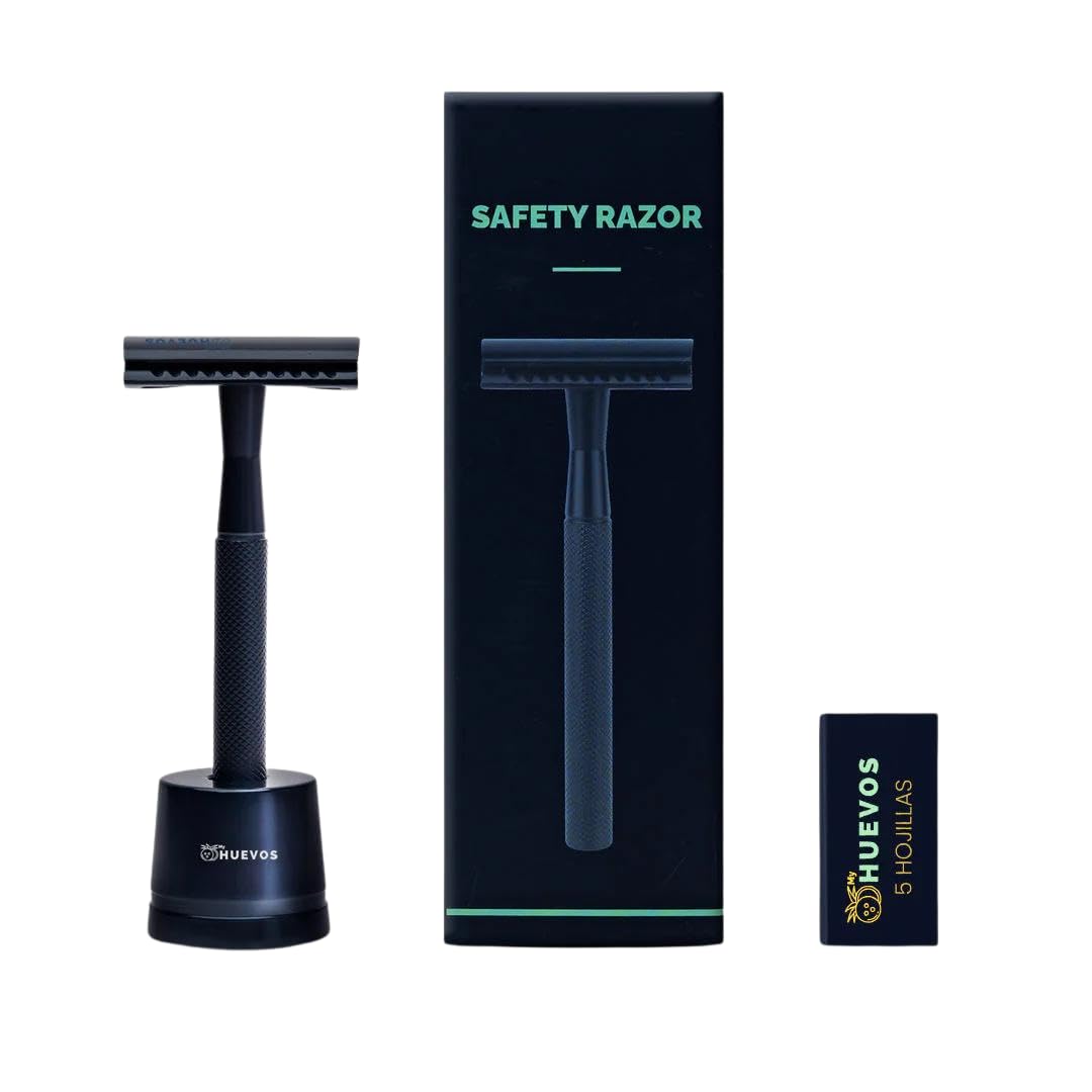 My Huevos - Safety Razor Rastrillo de Afeitar Masculino con 5 Hojillas de Repuesto - Afeitado Seguro y Preciso para Barba y Bigote - Mango de Metal Antideslizante - Color Azul