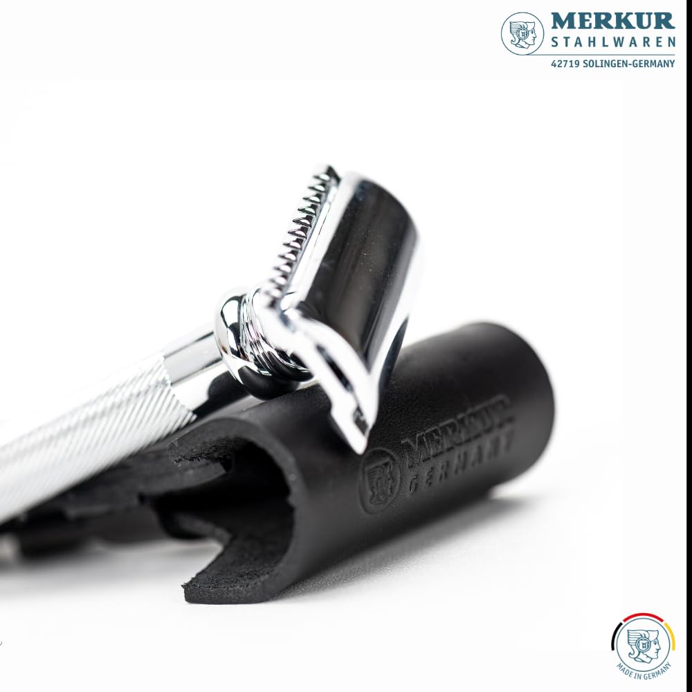 MERKUR Funda de piel negra 5006 | Accesorios de afeitar | Se adapta para maquinilla de afeitar de hasta 110 mm, por ejemplo, 34C, 38C, 500C, Futur 700 | Piel de vacuno | Fabricado en Alemania