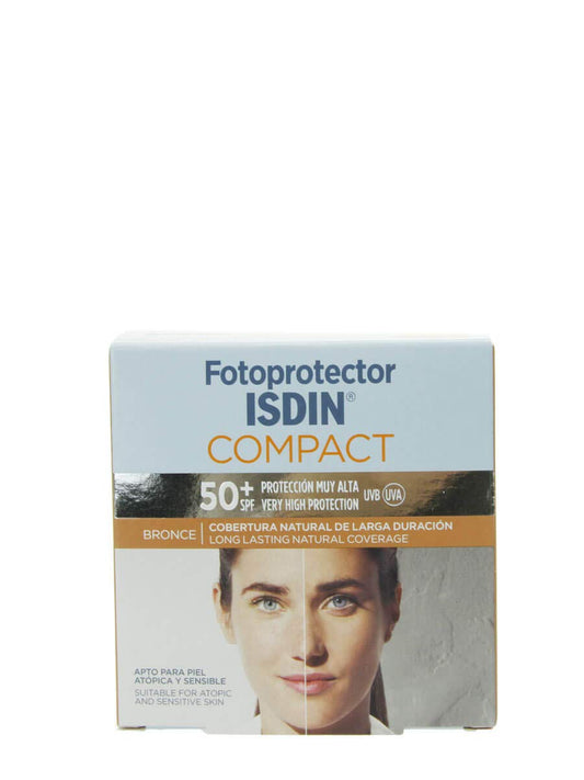 ISDIN Fotoprotector Compact SPF 50+ Bronce, Protector Solar Facial, Cobertura natural de larga duración, Apto para piel atópica y sensible, 10 g