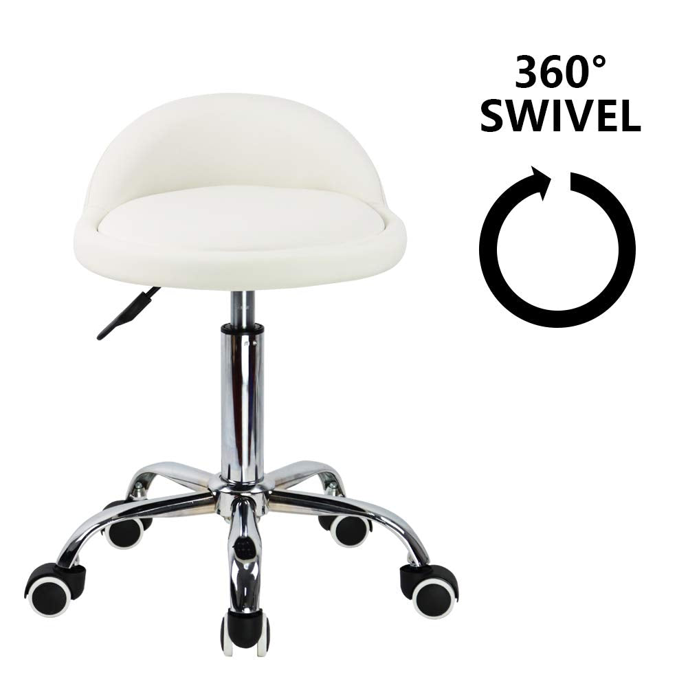 KKTONER Taburetes Giratorios con Respaldo Bajo Taburetes Redondos Rodantes Silla Taburete Blanco con Ruedas para el Hogar Salón Facial SPA Masaje Tatuajes Trabajo