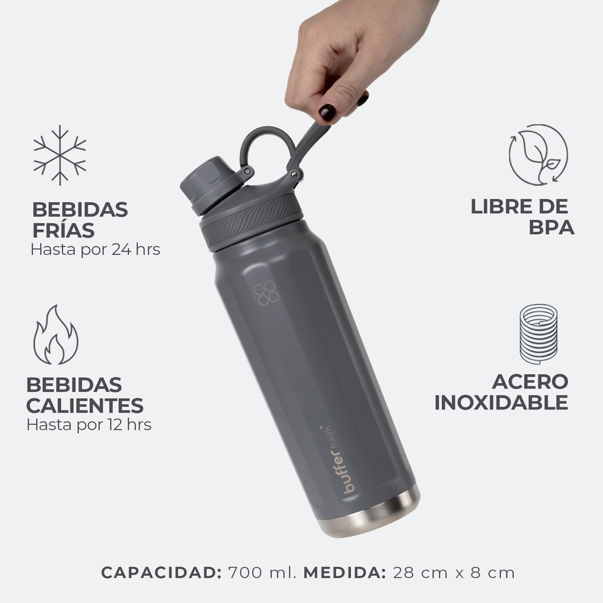 BUFFER FLASK - Termo de Acero Inoxidable | Botella de Agua Aislante, Termos Agua Fría (24 horas) o Caliente (12 horas) | Antigoteo, Hermético | Incluye tapas | 700 ml - 24 Oz| Color Cool Grey