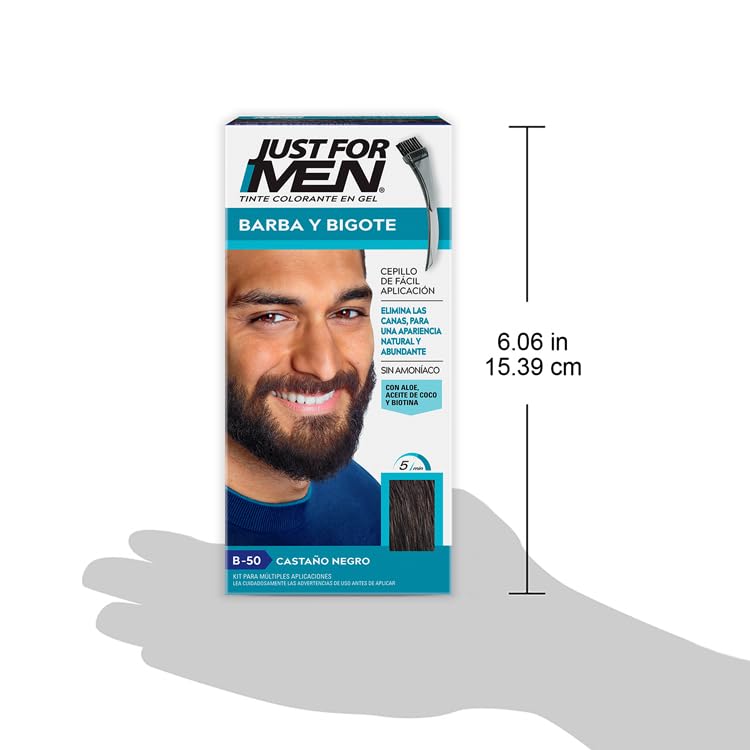 Just For Men, Tinte Colorante para Barba y Bigote Castaño Negro B50, Cubre Canas y con Cepillo de Fácil Aplicación, 28g