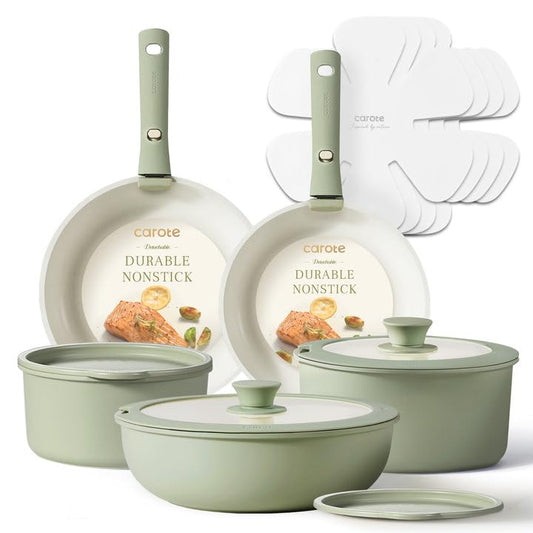 Carote - Juego de 11 ollas y sartenes antiadherentes de inducción, con mango desmontable, batería de cocina para caravana, apto para horno, color verde