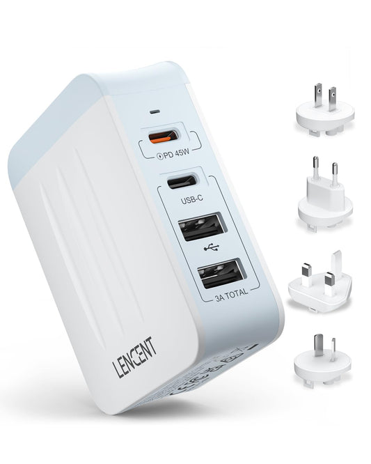 LENCENT 45W Cargador de Pared, Adaptador de Corriente con 2 Carga Rápida PD USB-C + 2 USB-A, Cargador Mundial para Teléfono Celular, Tabletas, Portátil, Todo en Uno Cargador Enchufe UK/US/UE/AUS