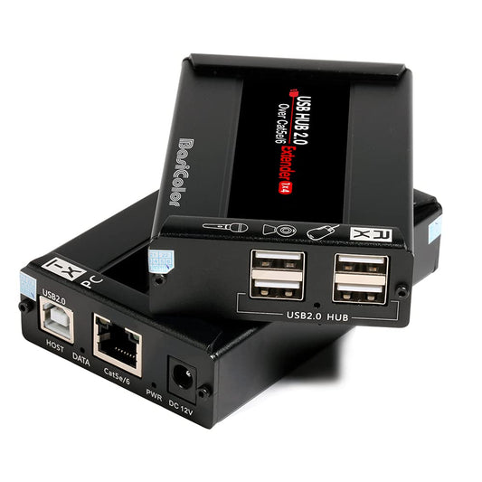 Basicolor - Extensor USB de 80 m con concentrador de 4 puertos, extensión Cat5e/6/7 a través de Ethernet, RJ45 soporta todos los sistemas operativos, Plug & Play, dos cámaras web funcionan