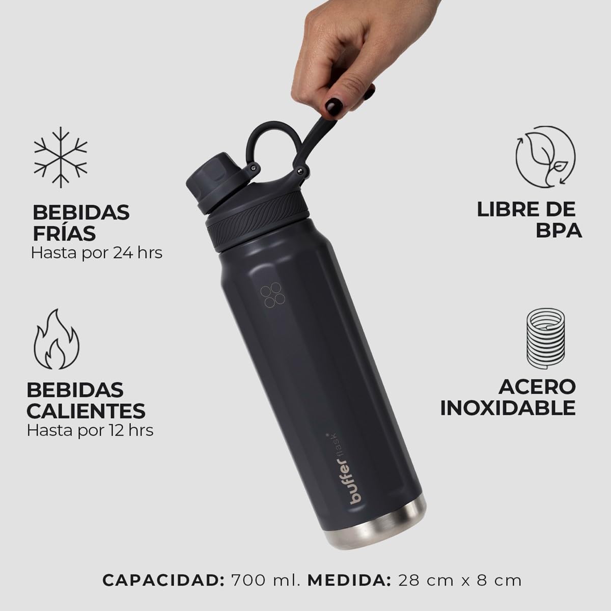 BUFFER FLASK - Termo de Acero Inoxidable | Botella de Agua Aislante, Termos Agua Fría (24 horas) o Caliente (12 horas) | Antigoteo, Hermético | Incluye tapas | 700 ml - 24 Oz| Color Negro