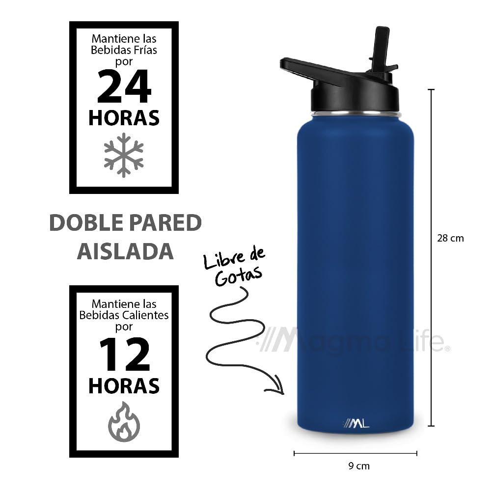Magma Life Termo para Café y Agua de Acero Inoxidable 40 Oz (1200 ml): Contiene 3 Tapas para Diferentes tipos de Bebidas, Ideal para Mantener la Temperatura Deseada (Azul Navy)