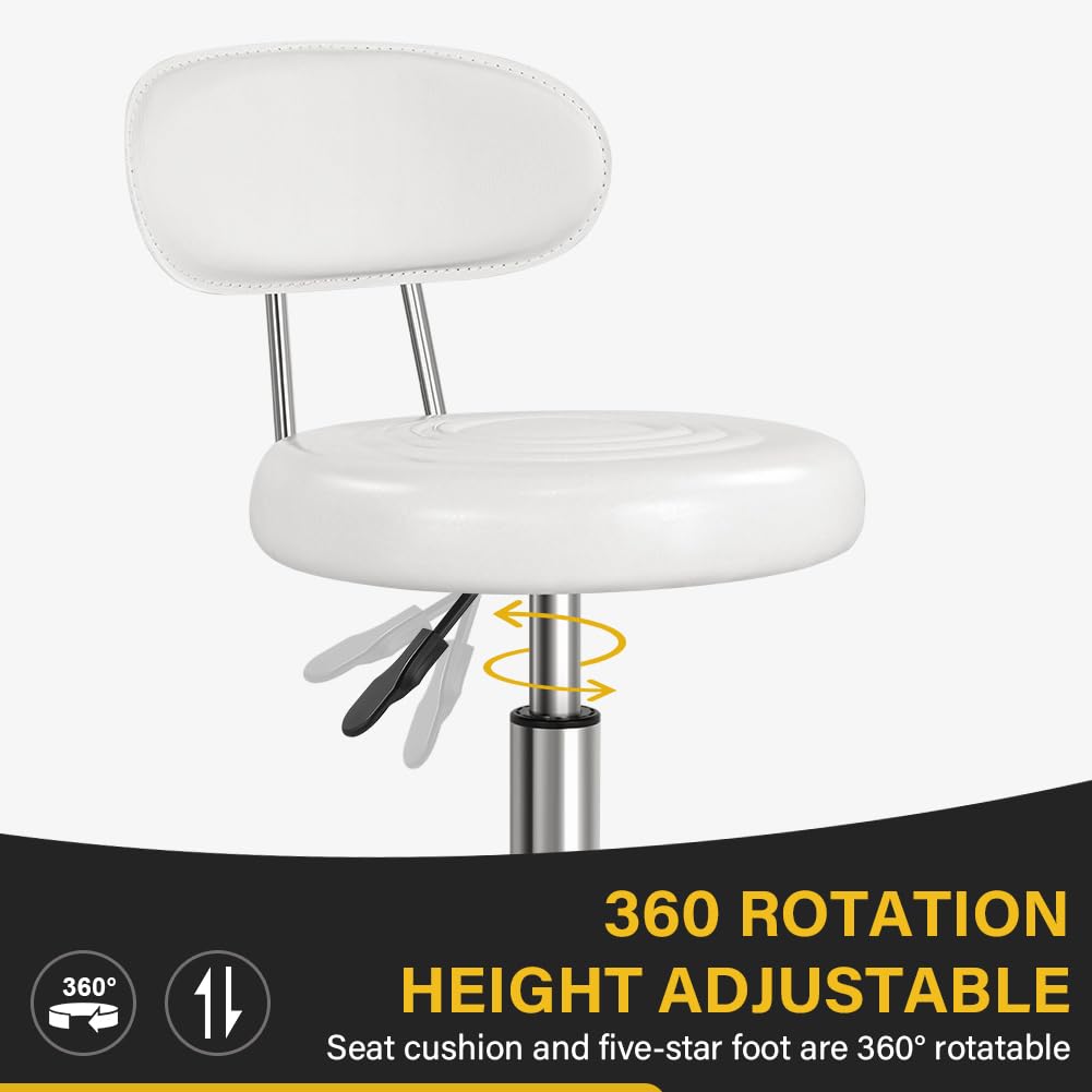 Taburete Giratorio WKWKER Blanco con Respaldo de Altura Ajustable para Spa, Salón, Hogar y Oficina
