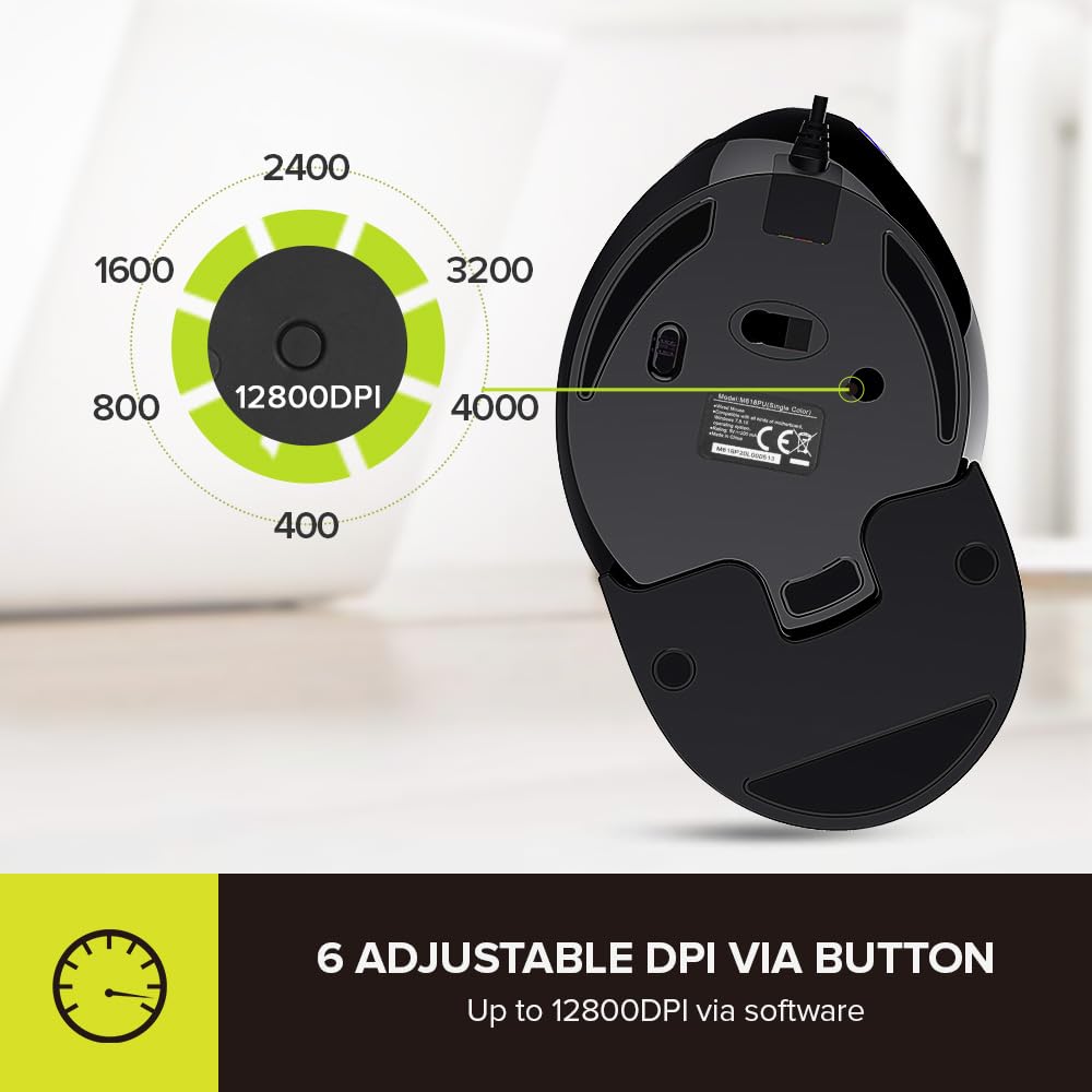 DeLUX mouse ergonómico, mouse vertical RGB grande con cable con 6 botones, reposamuñecas extraíble, 4000DPI y software a bordo que reduce la tensión de la mano, para túnel carpiano (M618Plus RGB-negro)