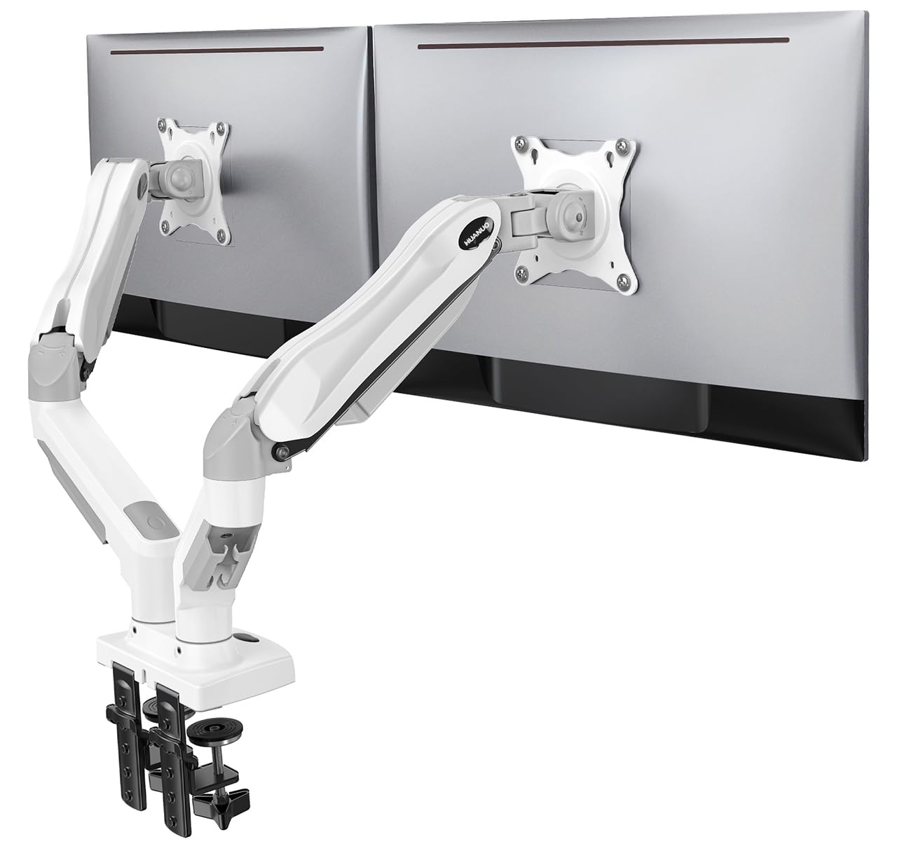 HUANUO Soporte Doble Monitor, Brazo para Monitor Totalmente Ajustable, Montaje VESA con Abrazadera en C y Base de Ojal para Pantallas de 13 a 32 Pulgadas, Cada Brazo Soporta de 2 a 9 KG-Blanco