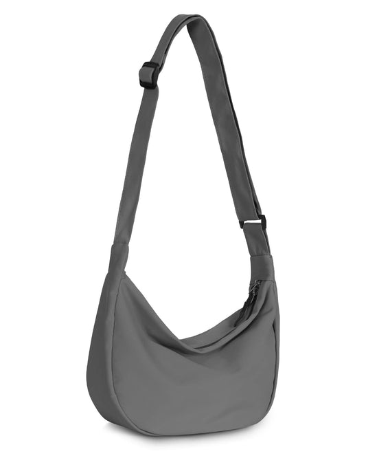 Bolso bandolera pequeño para mujeres y hombres, a la moda, mini bolsa de media luna con correa ajustable, 2 cremalleras bolsa de nailon ligero, Gris, Pequeño, Causal