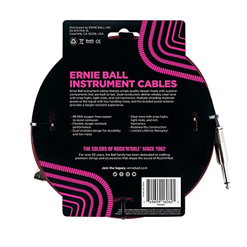Cable Trenzado para Instrumentos Ernie Ball negro rojo 7,6 m Recto Acodado