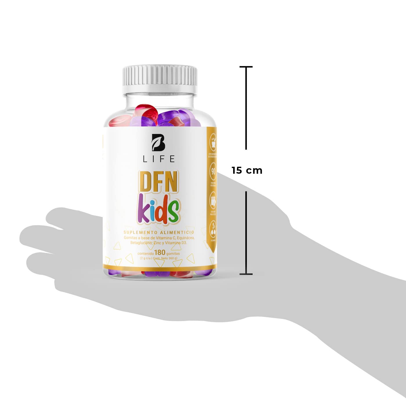 DFN Kids 180 gomitas SIN AZÚCAR añadida. Ingredientes naturales: Vitamina C, D3, Echinacea y Zinc. DFN Kids B Life.
