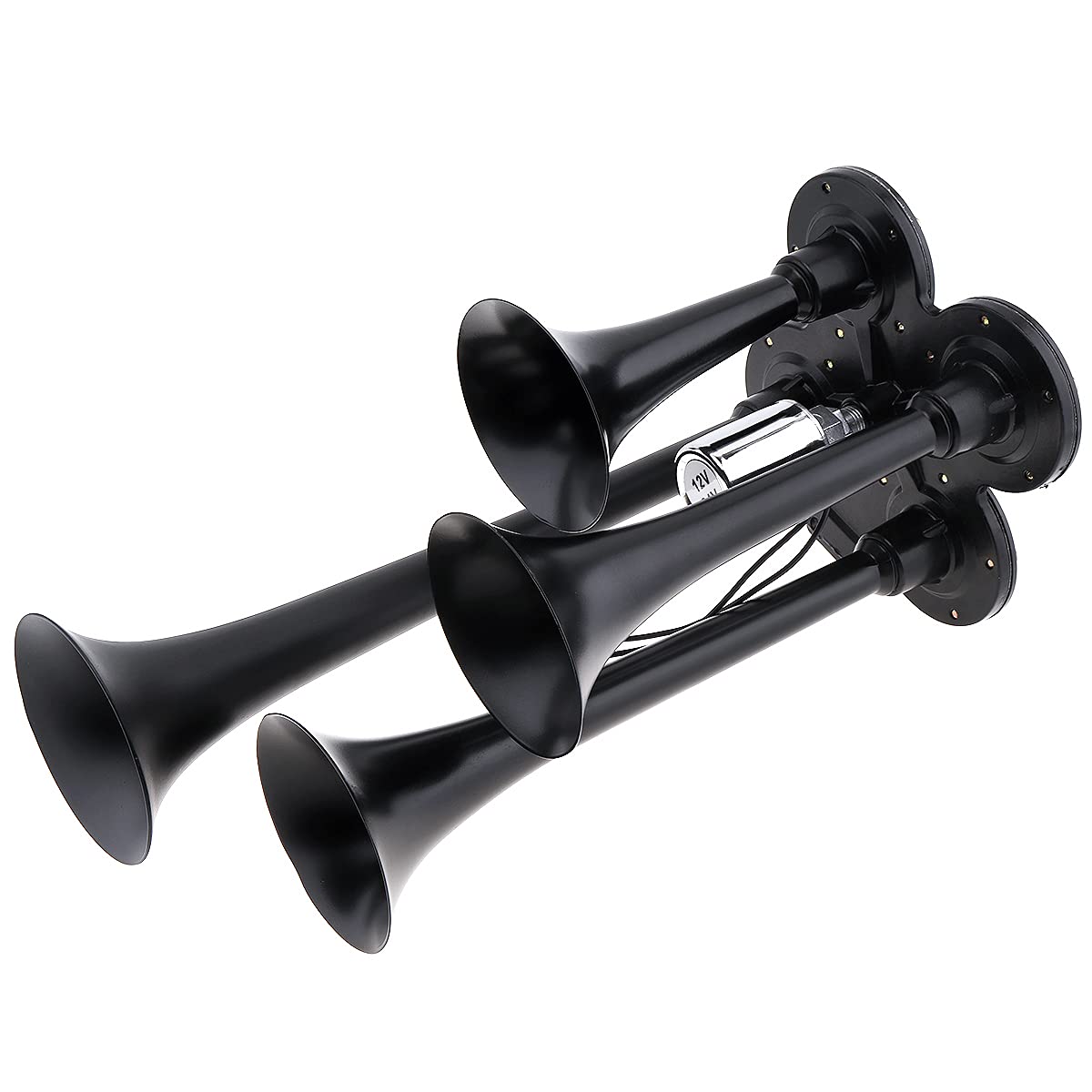 DriSentri 4 trompetas de aire bocina de tren de 12 V 178 dB súper fuerte negro cuatro trompetas bocina de aire para coches, camiones, barcos, SUV, motocicletas, vehículos