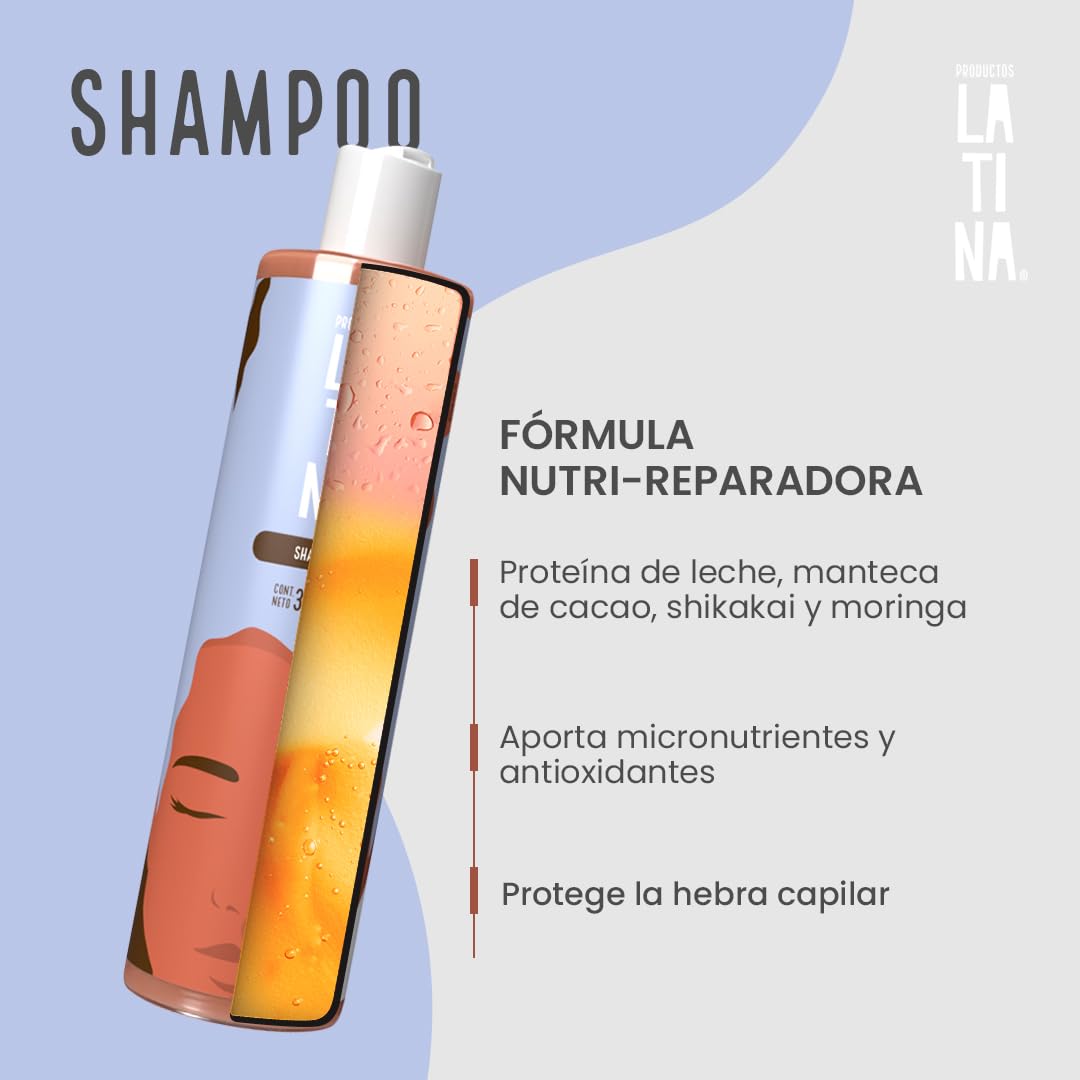LATINA® | Shampoo Cacao - Nutri-Reparador | Shampoo Sin Sulfatos y Parabenos | Belleza Mujer | Complementar con Tratamiento para Cabello Maltratado | Anti Frizz Cabello - 300ml