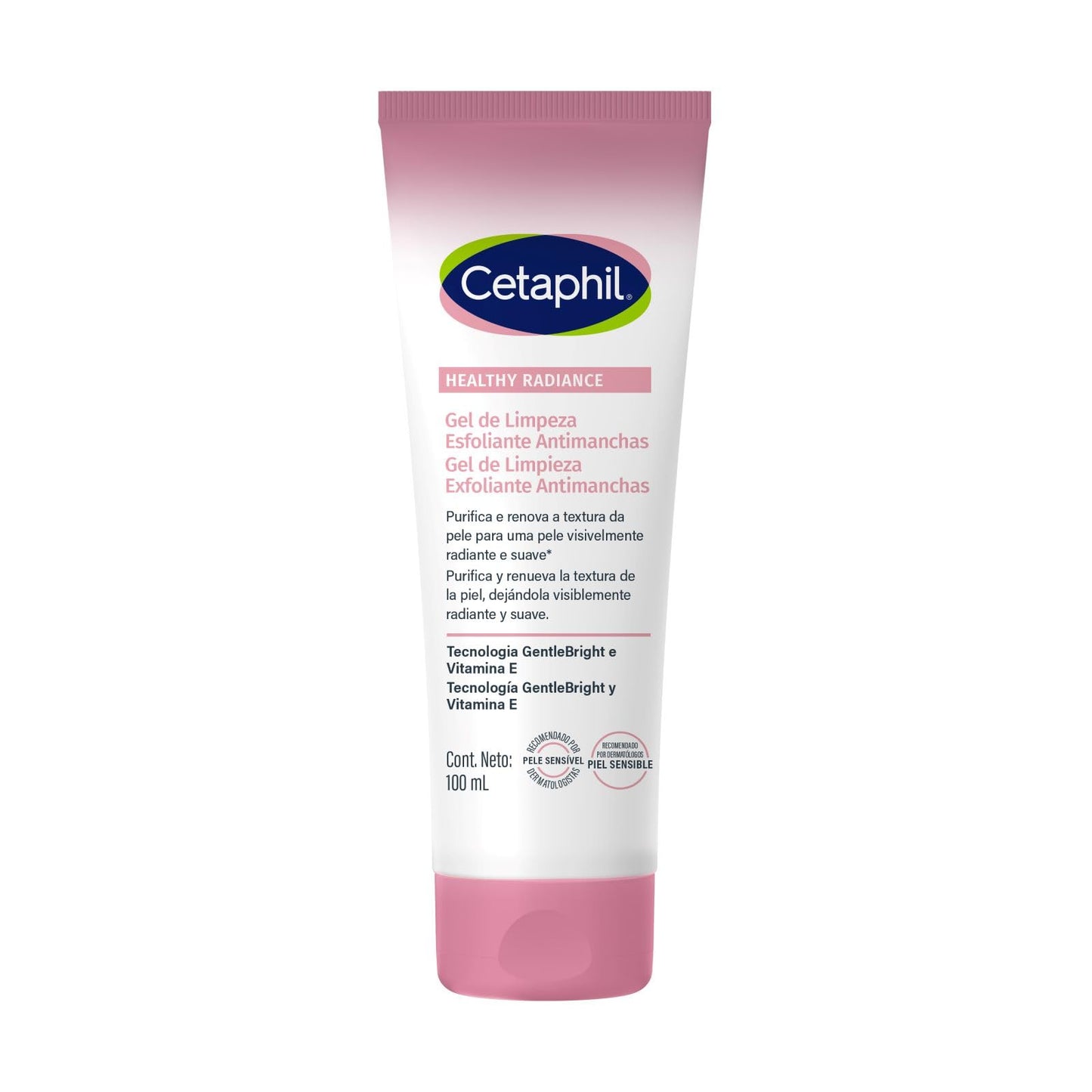 CETAPHIL® HEALTHY RADIANCE Gel de Limpieza Exfoliante Iluminador, Tecnología Gentle Bright, Microesferas de jojoba Vitamina E, Elimina Impurezas y células muertas, 100 ML, Para Todo Tipo de Piel