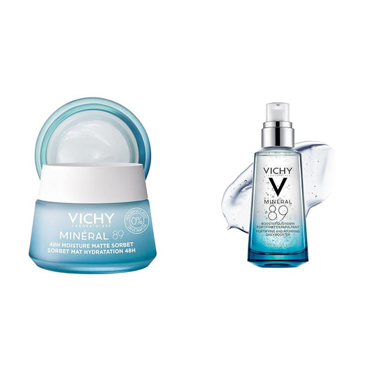 Vichy Minéral 89 Ácido Hialurónico en suero diario para rostro que fortalece e hidrata la piel + Vichy Minéral 89 Aqua Gel Hidratante facial para piel grasa Hidratante matificante