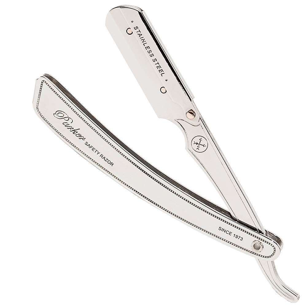 Parker SRX - Maquinilla de afeitar profesional de borde recto 100% acero inoxidable para hombres y 5 cuchillas Parker de borde recto premium – Diseñado para barberías y salas de afeitar