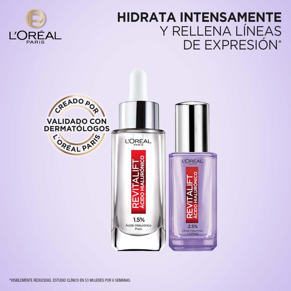 L'Oréal Paris Kit Ácido Hialurónico: Sérum Rostro + Sérum Ojos, 2 piezas. Hidrata intensamente y rellena líneas de expresión