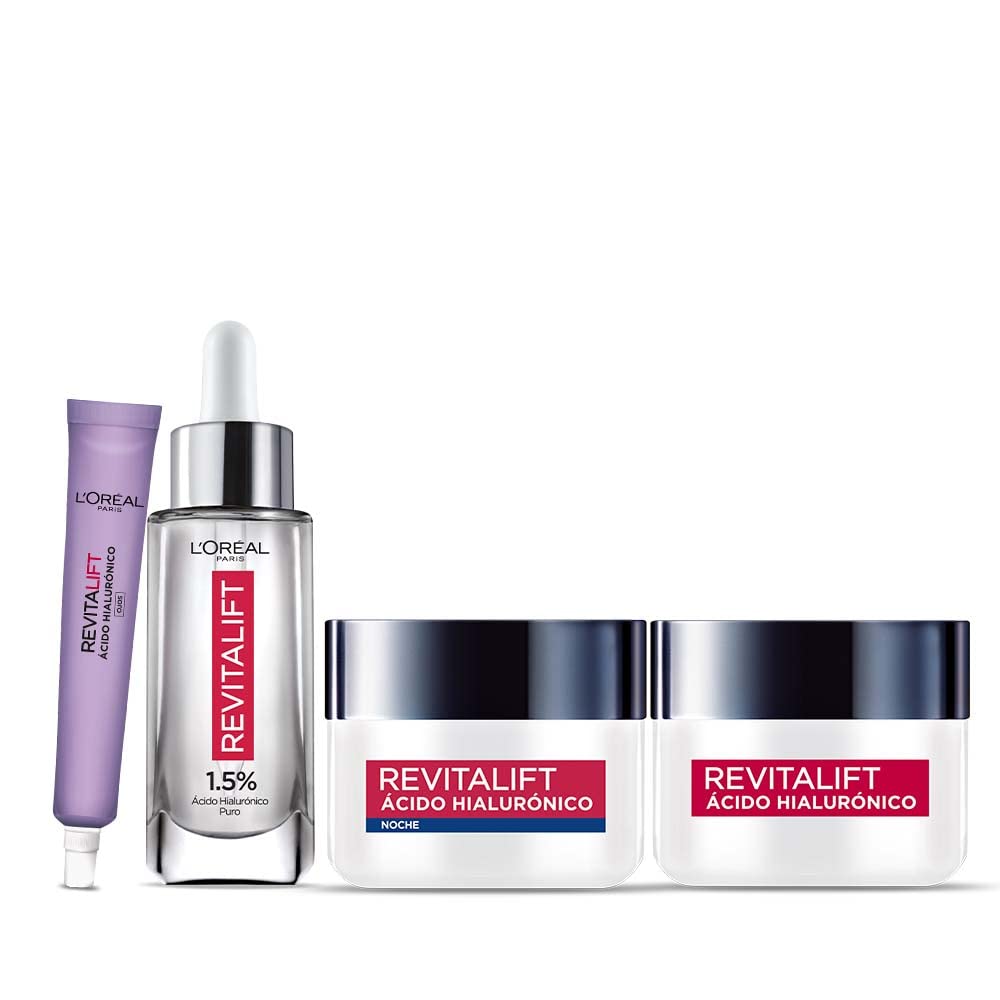 L'Oréal Paris Kit con Serum Facial, Crema de día, Crema de noche y Crema de Ojos, Revitalift Ácido Hialurónico + Gel Limpiador Facial Revitalift Ácido Hialurónico, 150 ml