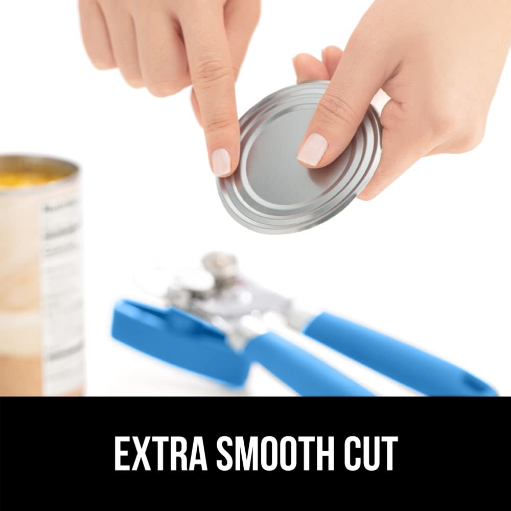 Gorilla Grip Abrelatas manual de mano de acero inoxidable resistente con borde liso con mango suave al tacto, a prueba de óxido, perilla de mano fácil giro, el mejor abridor de tapa grande para cocina, aguamarina