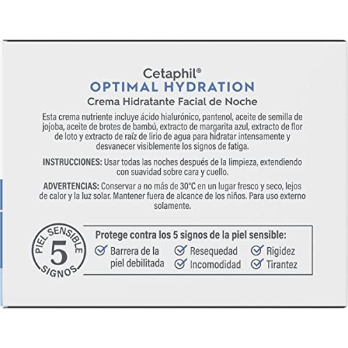 CETAPHIL Optimal Hydration Loción Hidratante Facial de Noche 1 pz 48 g Ácido Hialurónico Aumenta Hidratación 50% Recomendada por Dermatólogos para Piel Sensible