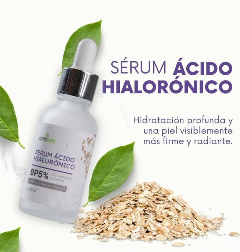 STATUS VERDE, Serum facial Antienvejecimiento. de ACIDO HIALURONICO con Elastina y Avena, Aclara, ilumina y estira la piel, para uso diario, 30ml