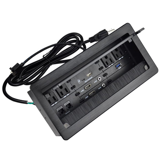 Caja de conectividad con 4 alimentación de CA +2 HDMI+2 audio +2 LAN+1 cargador USB-A +1 cargador USB-C +1 datos USB3.0 con cable de alimentación de 5 pies para sala de conferencias (negro)