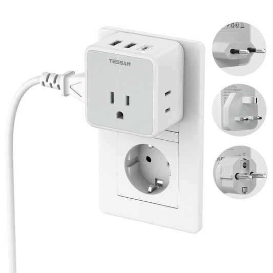 Adaptador de Viaje TESSAN Europeo Blanco con 3 Salidas CA y 3 Puertos USB para Europa