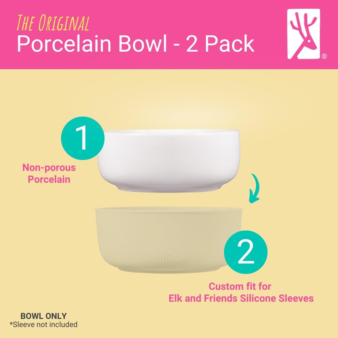 Elk and Friends Tazones de porcelana para niños | Alimentación para niños/bebés | Apto para microondas y lavavajillas | Antideslizante | Tazones y vajilla para cereales/sopa/merienda | Pack de 2