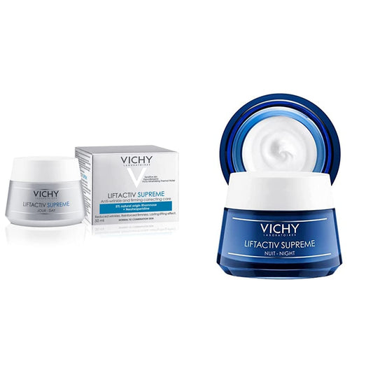 Vichy Liftactiv Crema de día anti-edad efecto lifting 50ml + Liftactiv Supreme Crema de noche anti-arrugas y reafirmante, con Ramnosa y Ácido Hialurónico, piel más firme e iluminada