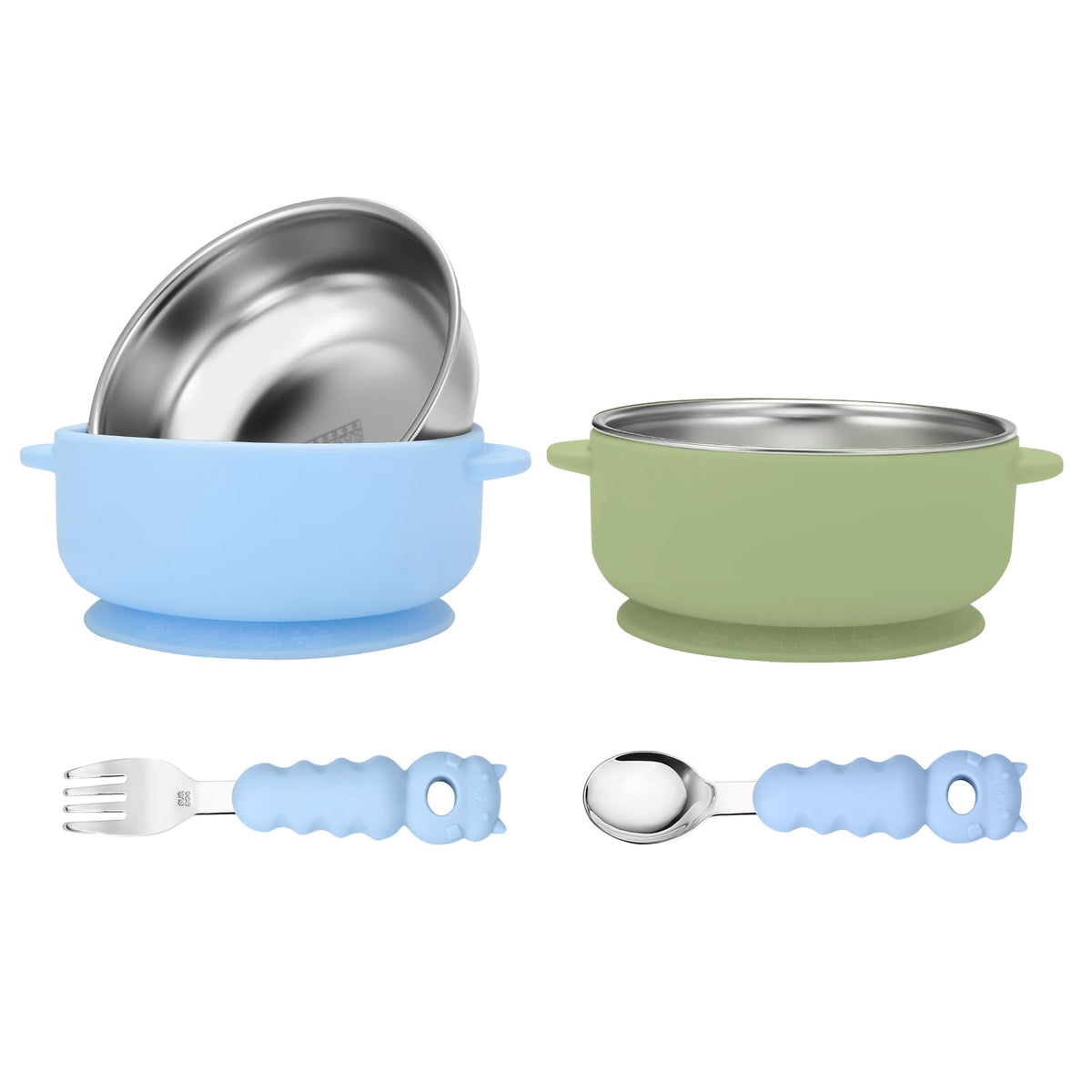 Wesketch Paquete De 2 Tazones De Acero Inoxidable Para Bebé Con Ventosa De Silicona Antideslizante Extraíble, Recipiente Antiescaldaduras Para La Alimentación Del Bebé. Incluye Tenedores Y Cucharas, A